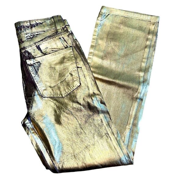 STRADIVARIUS Straight Fit Pants Jeans Coated In Gold Color Cotton Size 2. - Picture 6 of 8